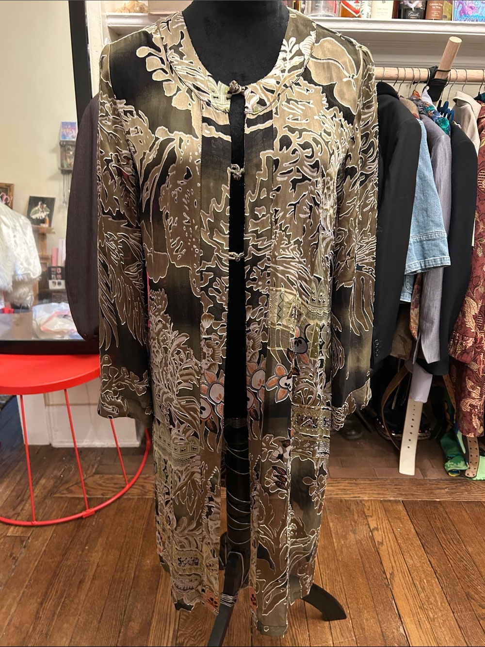 VTG Burned Velvet/Silk Citron Olive and Black Sheer Floral Layering Top